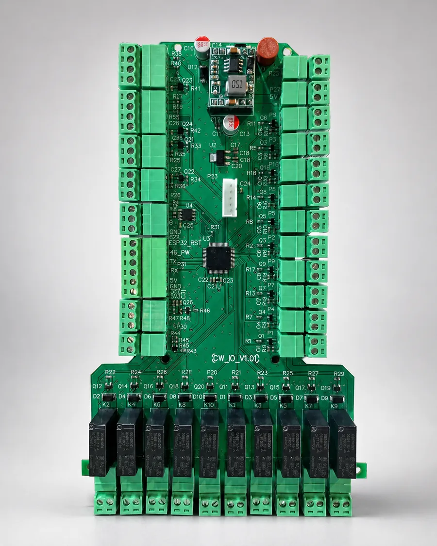 نمای کامل برد کنترلر کارواش هوشمند مبتنی بر STM32 با رله‌ها و ورودی و خروجی‌های متعدد