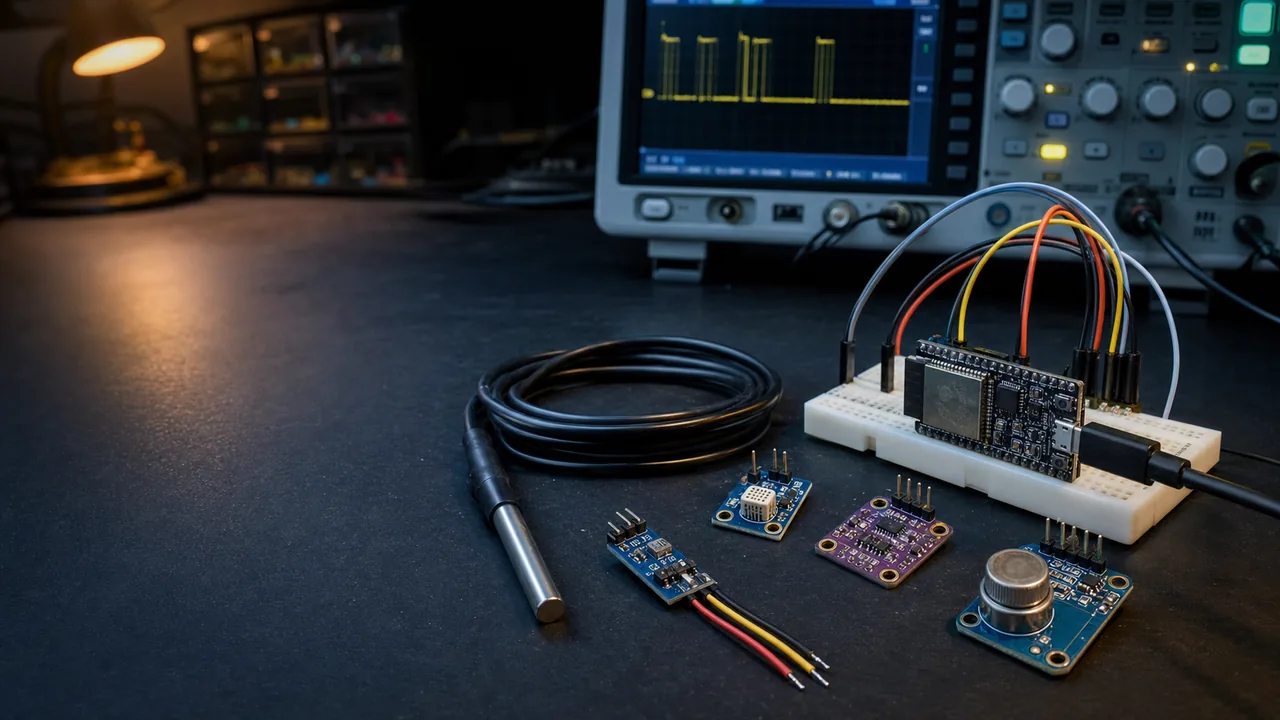 سنسور DS18B20 و ماژول‌های سنجش متصل به برد ESP32 در آزمایشگاه الکترونیک