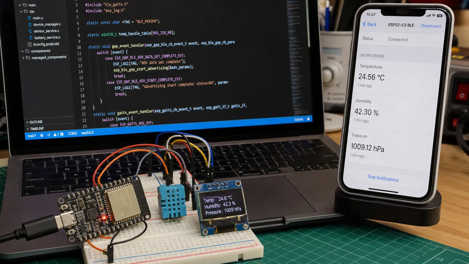 BLE در ESP32: انتخاب NimBLE، ساخت Peripheral و Central و ارسال Notify