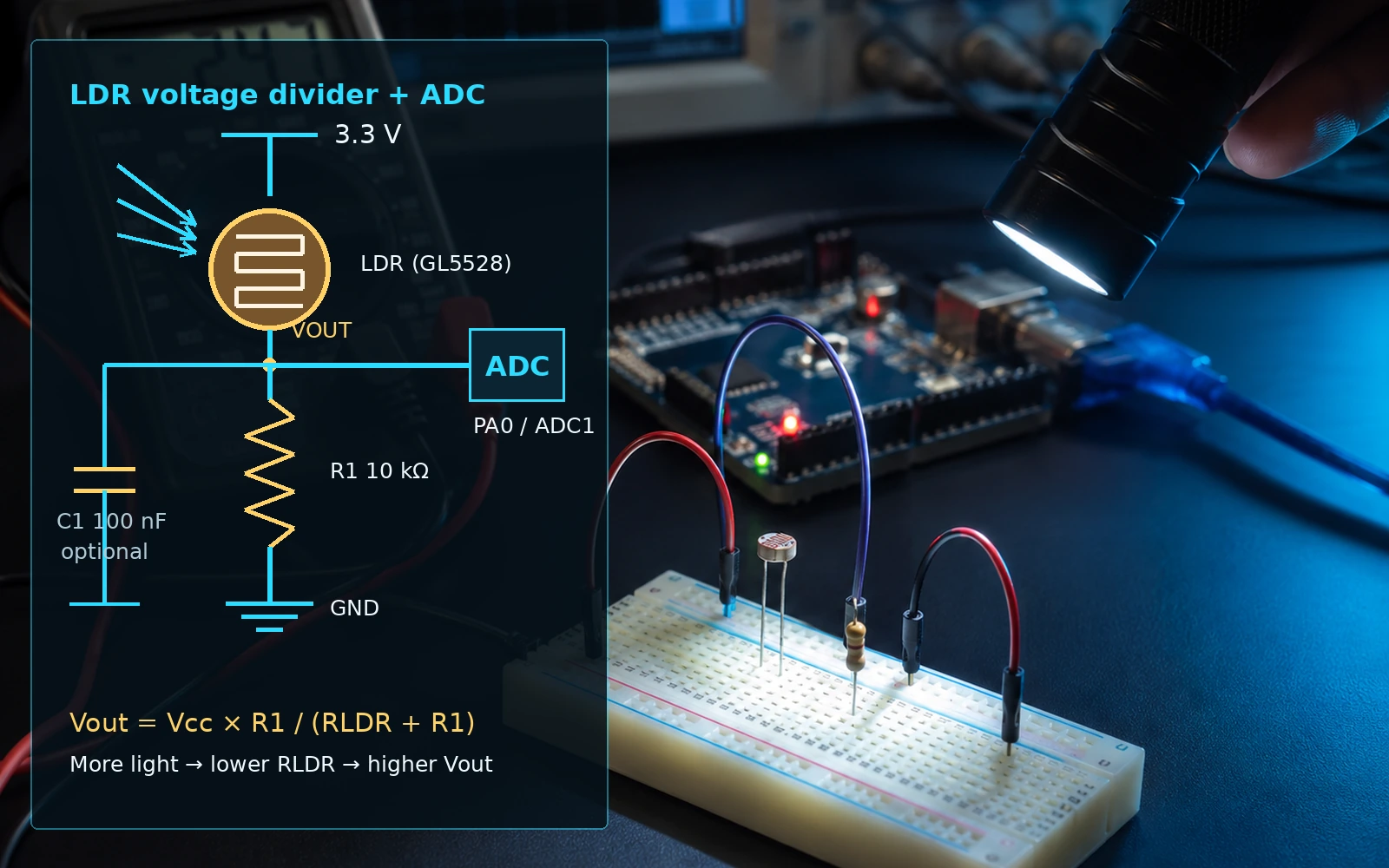 شماتیک تقسیم ولتاژ LDR با مقاومت 10 کیلو اهم و خازن فیلتر 100 نانوفاراد برای اتصال به ورودی ADC میکروکنترلر