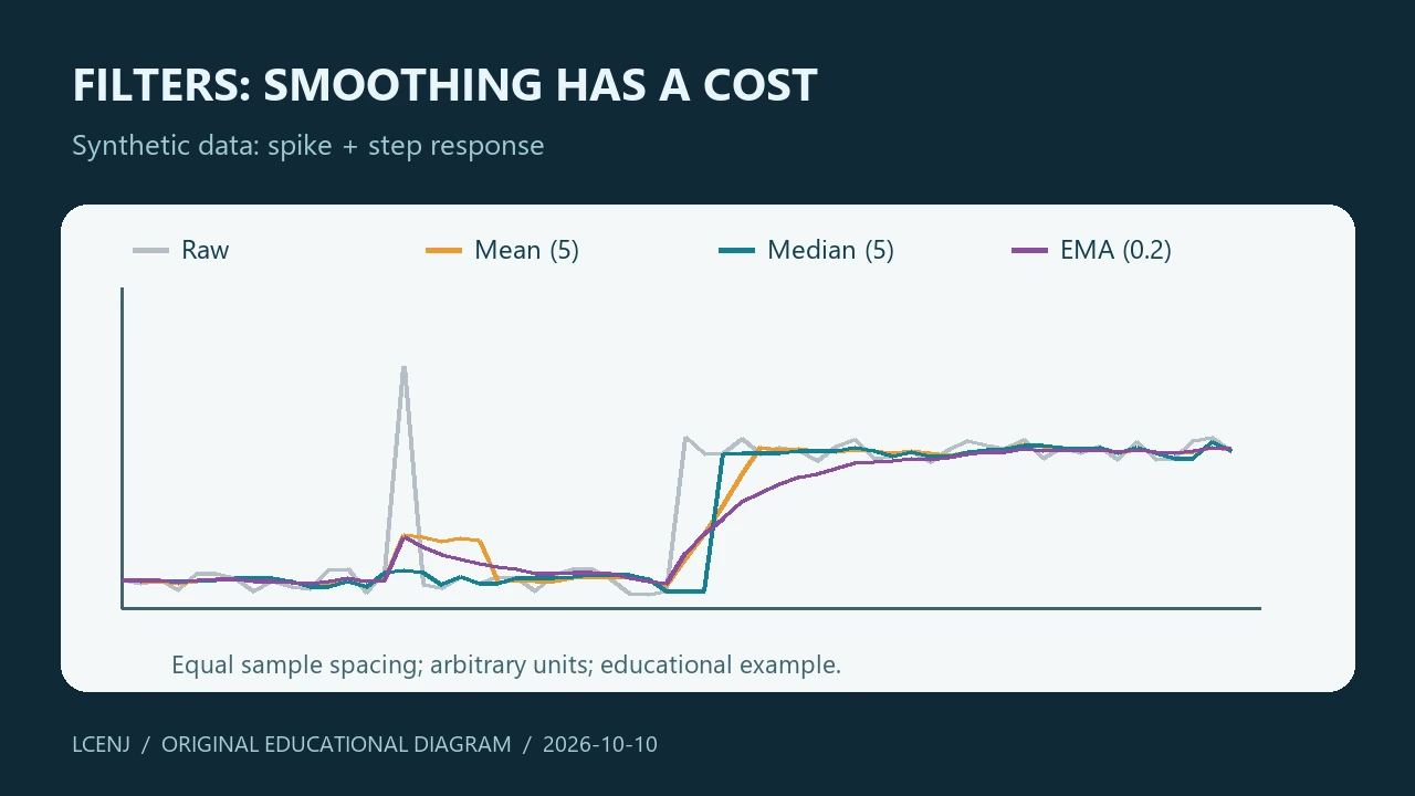Noisy Sensor Data: Moving Average, Median and EMA Filters