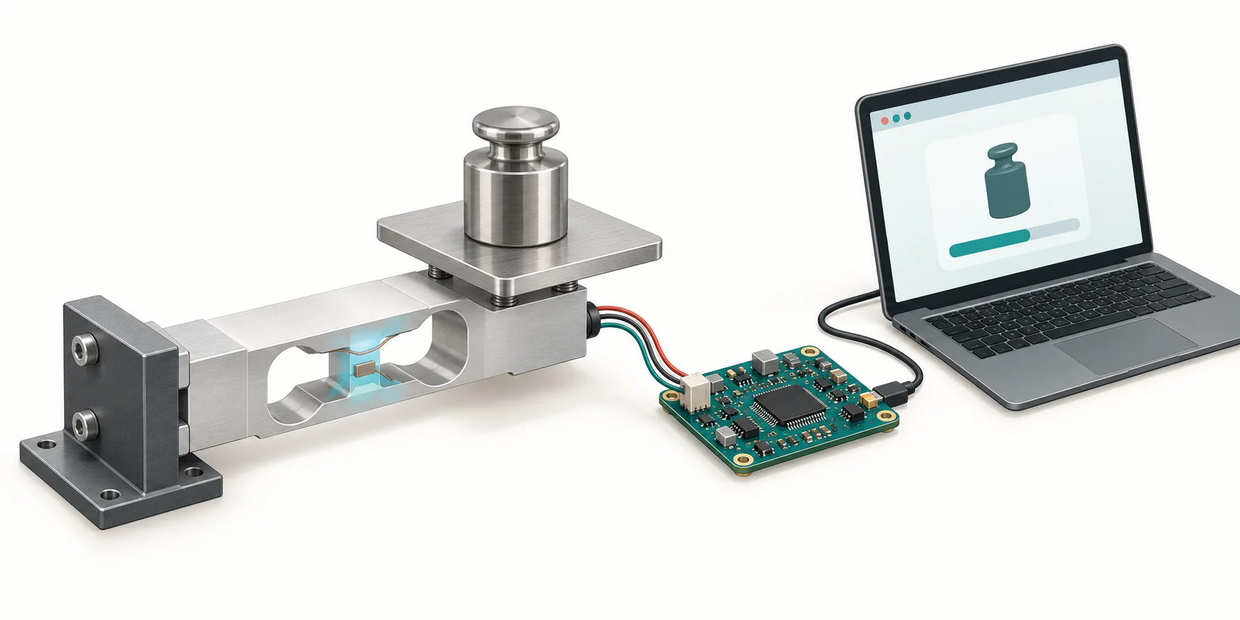Conceptual weighing platform, bending-beam load cell, interface board and computer