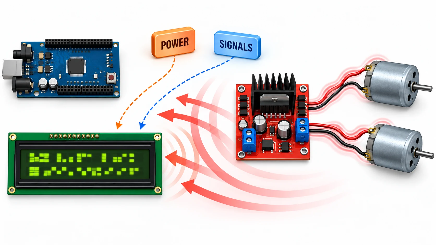 Conceptual illustration of a character LCD, controller and two motors, with possible interference paths through power and control signals